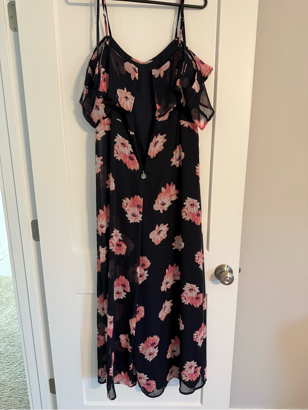 Navy blue  wide-leg jumpsuit with Pink Flowers